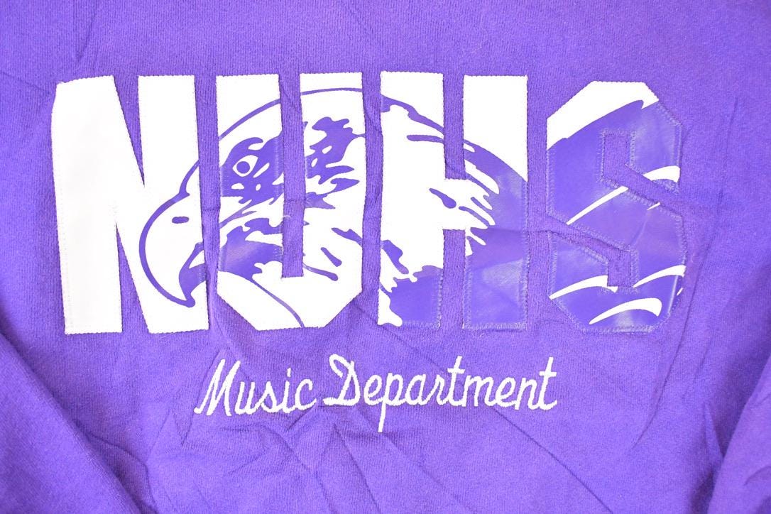Vintage 1990s NUHS Musov Department Embroidered Collegiate Crewneck Sweatshirt Men's L from propervintagecanada