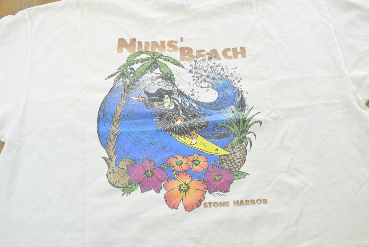 Vintage 1990s Nuns Beach Stone Harbor Surfing Souvenir Travel T-Shirt Mens XL from propervintagecanada