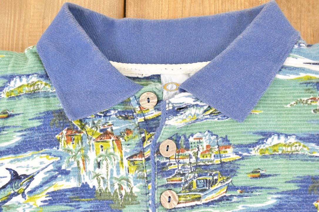 Vintage 1990s Ocean Pacific Sport AOP Boats Button Up Shirt Men's L from propervintagecanada