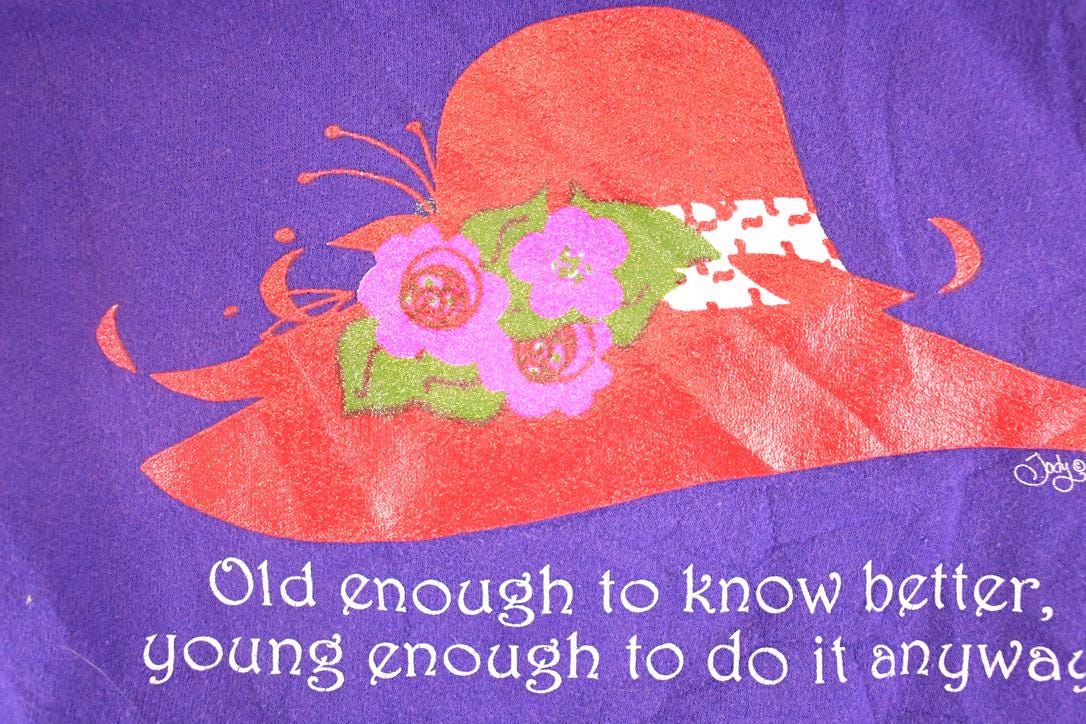 Vintage 1990s Old Enough To Know Better Souvenir Grandma Hat Crew Neck Sweatshirt Women's XL / 90's Tourist Vacation Graphic Sweater from propervintagecanada