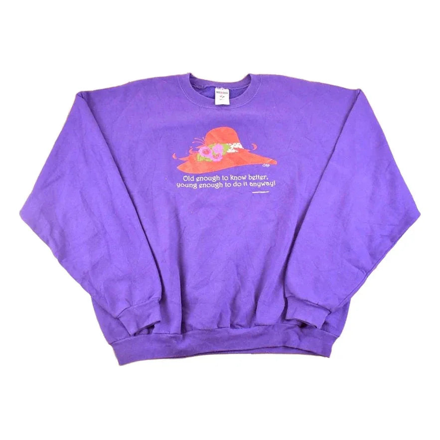 Vintage 1990s Old Enough To Know Better Souvenir Grandma Hat Crew Neck Sweatshirt Women's XL / 90's Tourist Vacation Graphic Sweater from propervintagecanada
