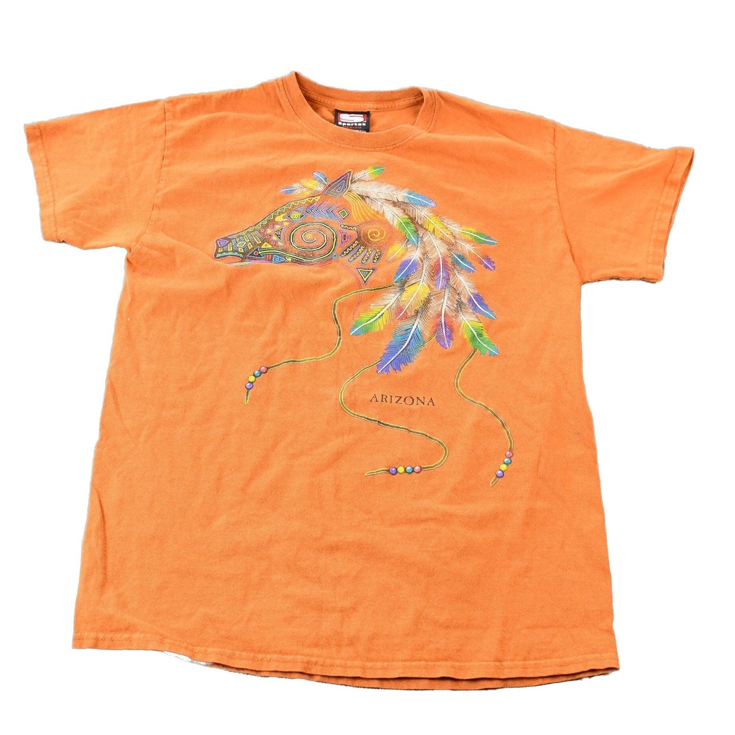 Vintage 1990s Orange Souvenir Arizona USA Feather and Bead Horse Travel T-Shirt Men's Small from propervintagecanada