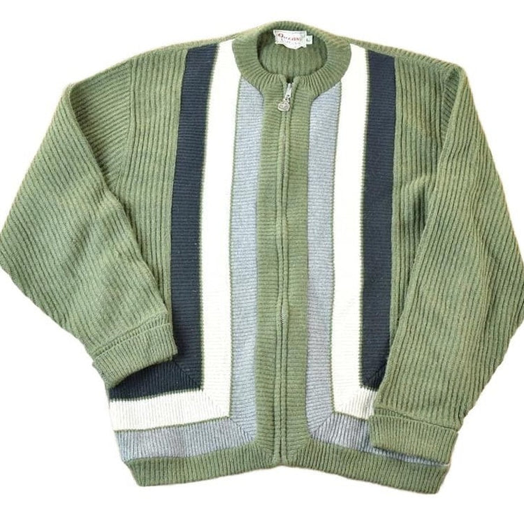 Vintage 1990s Orlon Canvas Knit Striped Zip Up Cardigan Sweater Mens L from propervintagecanada