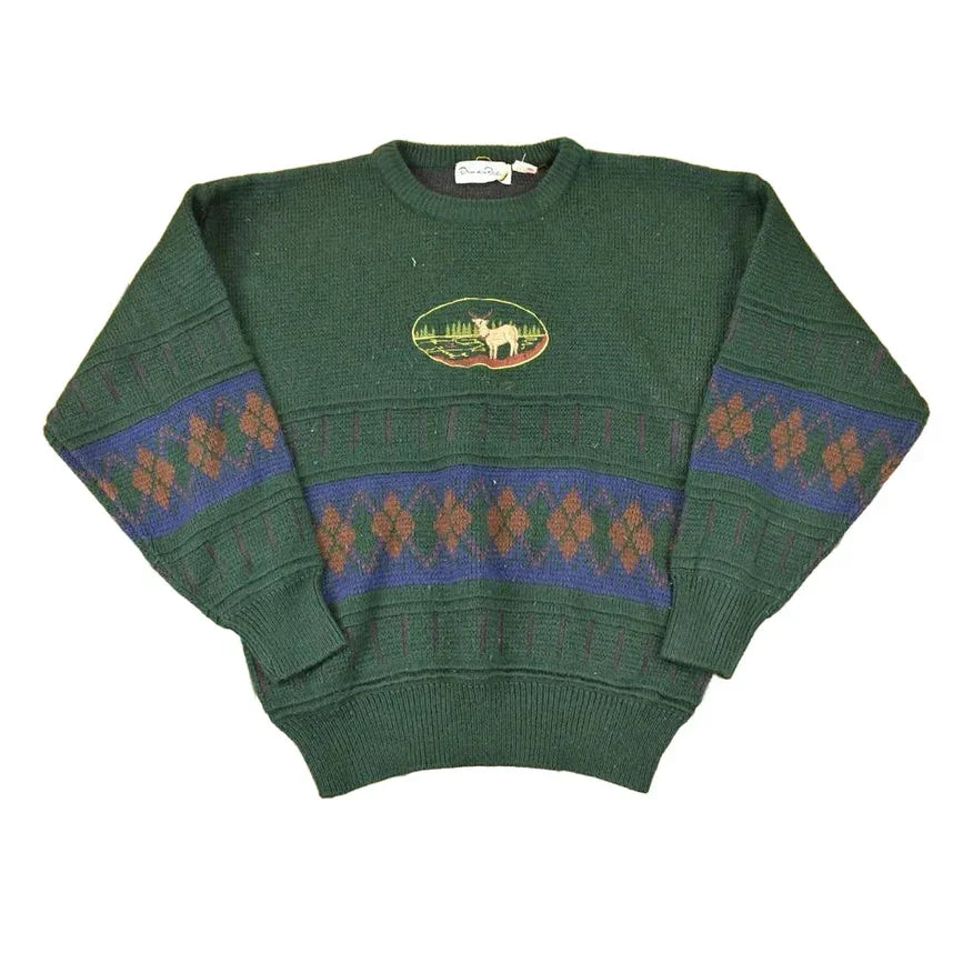 Vintage 1990s Oscar De La Renta Outdoorsman Deer Knit Crewneck Sweater Mens L from propervintagecanada