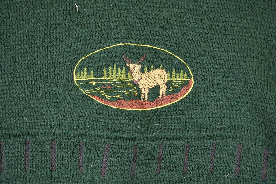 Vintage 1990s Oscar De La Renta Outdoorsman Deer Knit Crewneck Sweater Mens L from propervintagecanada