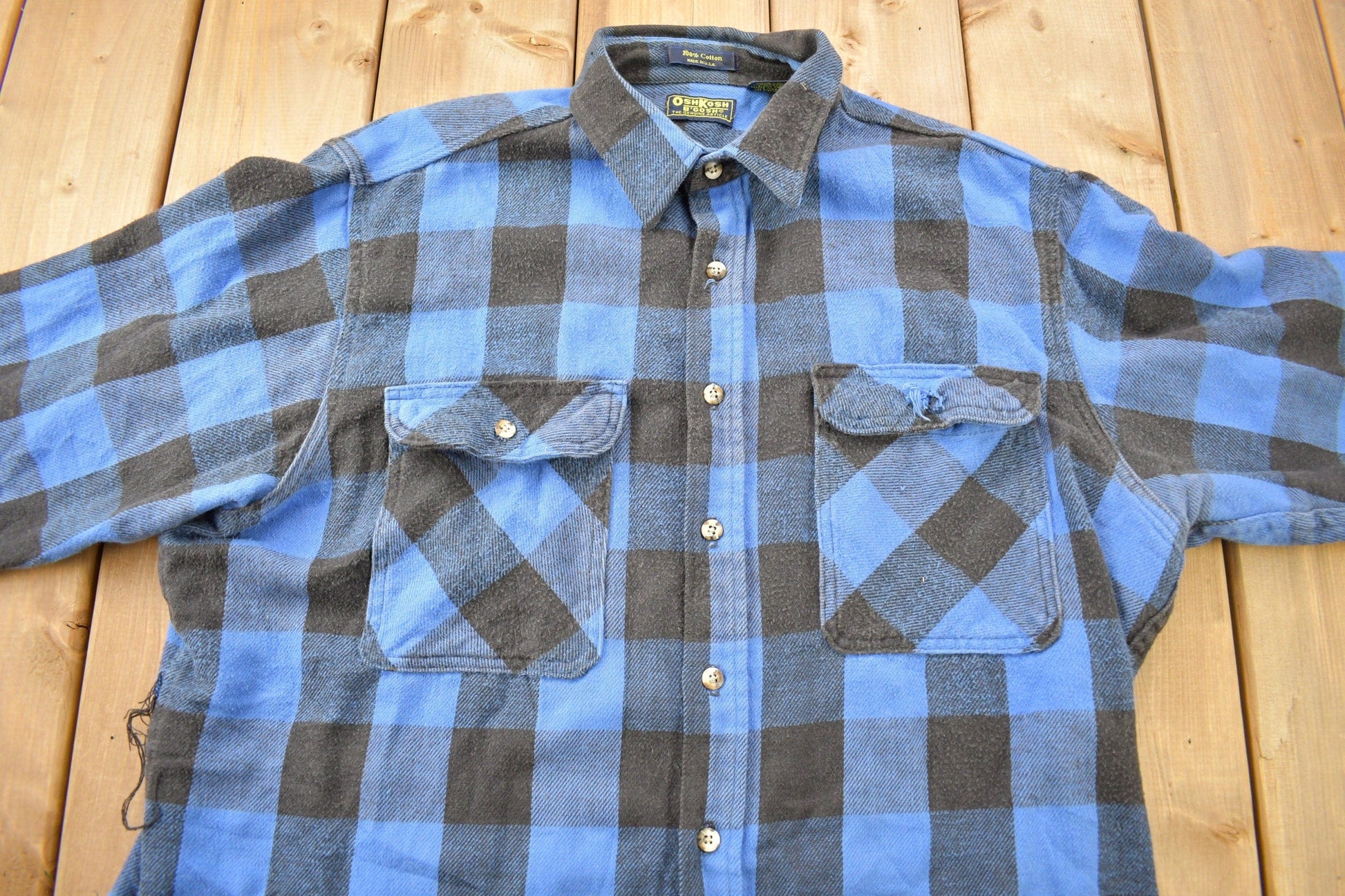 Vintage 1990s Osh Kosh B Gosh Blue Flannel Button Up Shirt Men's XL from propervintagecanada