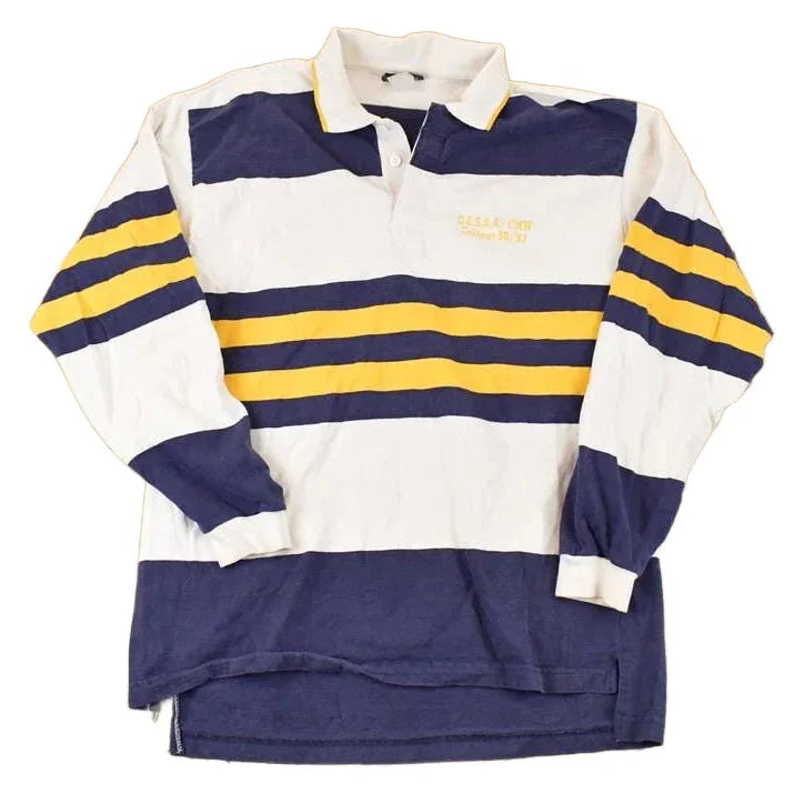 Vintage 1990s OSSSA Windswept Striped Rugby Button Up Shirt Men's L from propervintagecanada