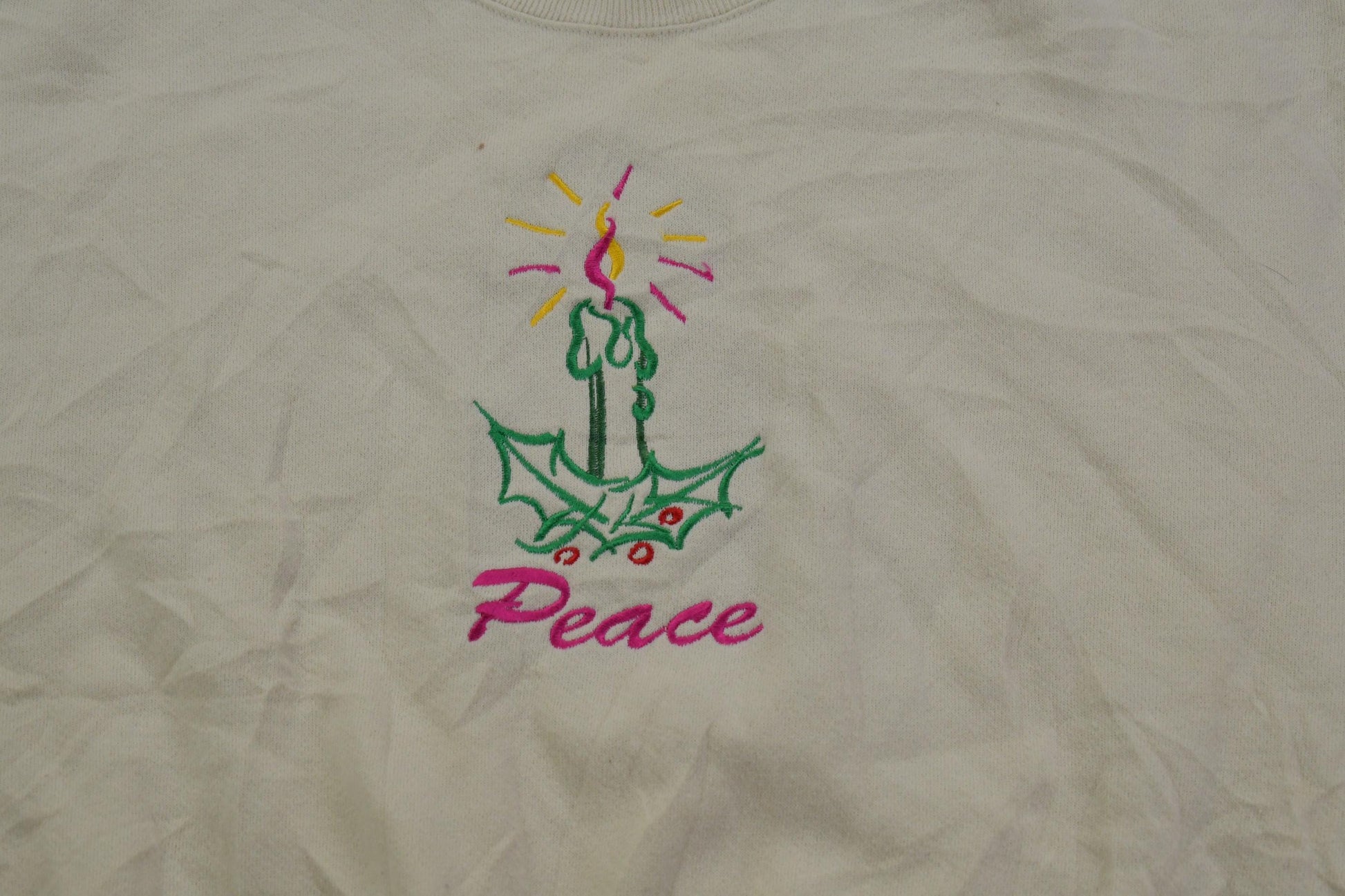 Vintage 1990s "Peace" Embroidered Holiday Style Crewneck Sweater Men's L from propervintagecanada