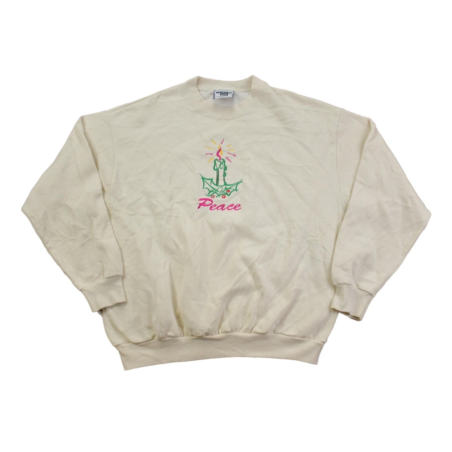 Vintage 1990s "Peace" Embroidered Holiday Style Crewneck Sweater Men's L from propervintagecanada