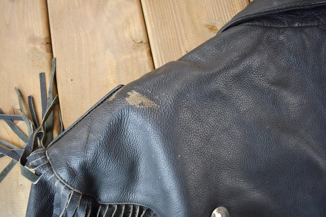 Vintage 1990s Pelle Cuir Leather Fringed Jacket Men's Large from propervintagecanada