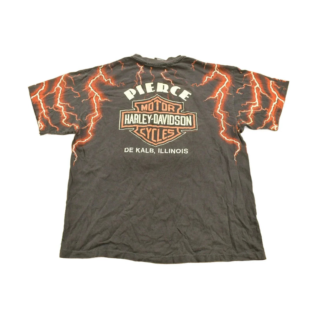 Vintage 1990s Pierce Harley Davidson De Kalb Illinois Lightning Graphic T-Shirt Men's Large from propervintagecanada