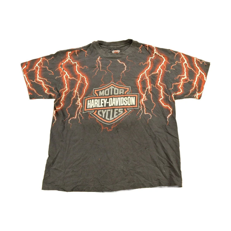 Vintage 1990s Pierce Harley Davidson De Kalb Illinois Lightning Graphic T-Shirt Men's Large from propervintagecanada