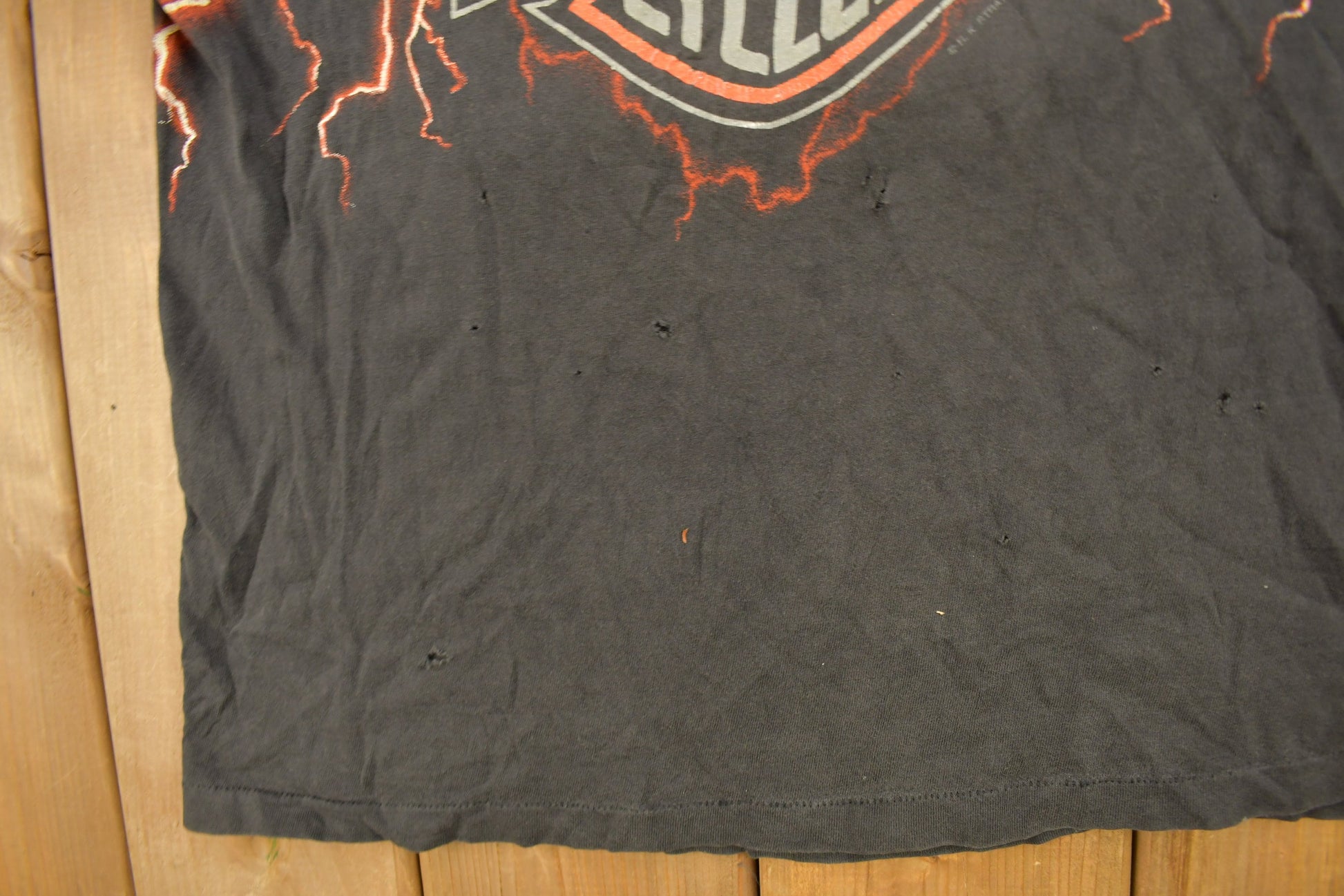 Vintage 1990s Pierce Harley Davidson De Kalb Illinois Lightning Graphic T-Shirt Men's Large from propervintagecanada