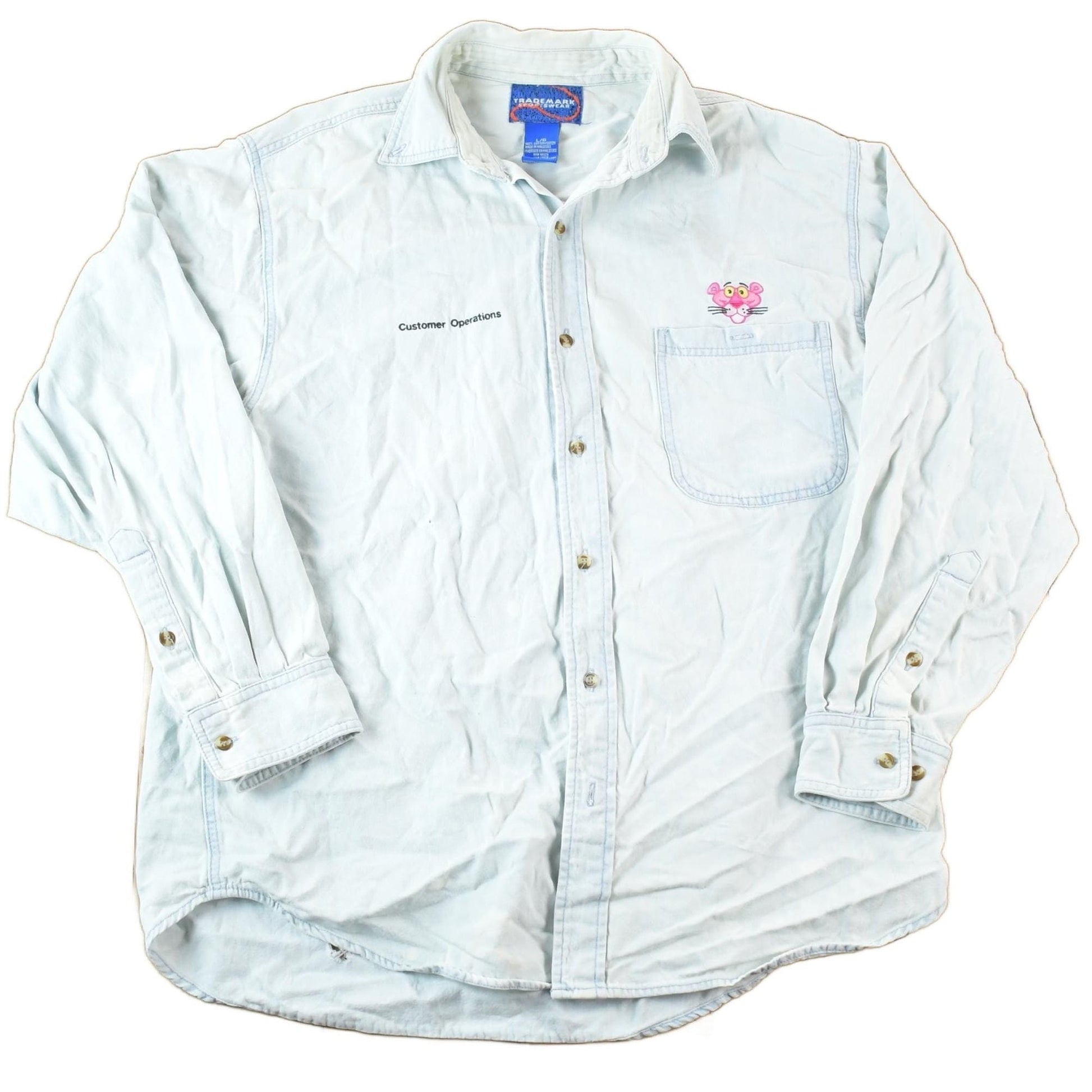 Vintage 1990s Pink Panther Denim Button Up Shirt Mens L from propervintagecanada