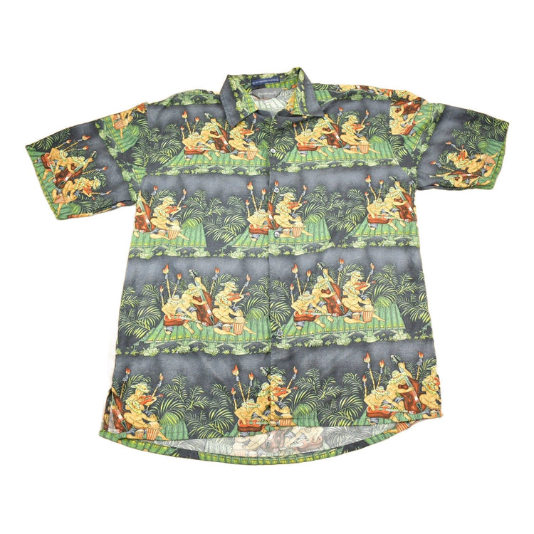 Vintage 1990s Platinum Silver Hawaiian Theme Button Up Shirt Men's Large from propervintagecanada