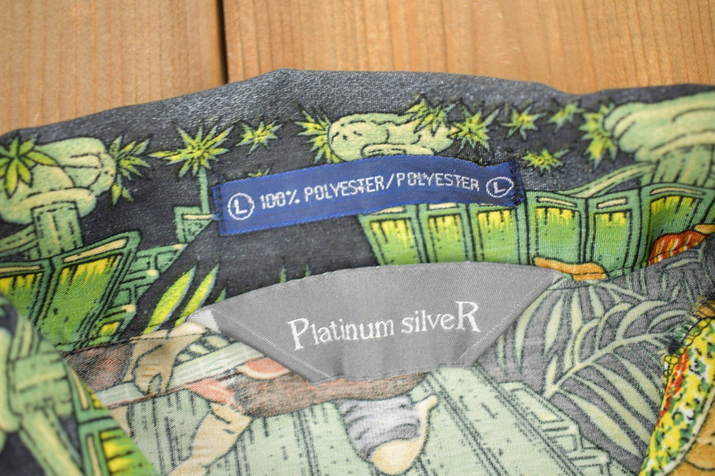 Vintage 1990s Platinum Silver Hawaiian Theme Button Up Shirt Men's Large from propervintagecanada