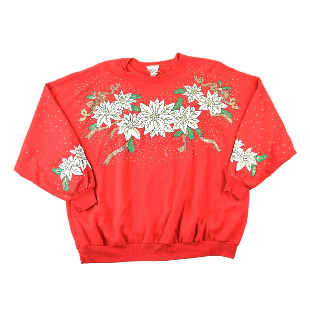 Vintage 1990s Poinsettia AOP Cute Crewneck Christmas Sweater Men's XL from propervintagecanada