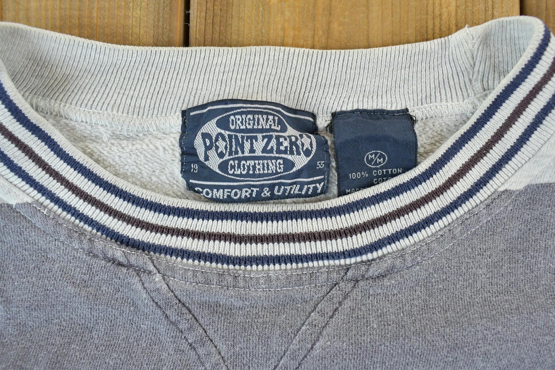 Vintage 1990s Point Zero Jeans Striped Colour Block Crewneck Sweatshirt Men's Medium from propervintagecanada