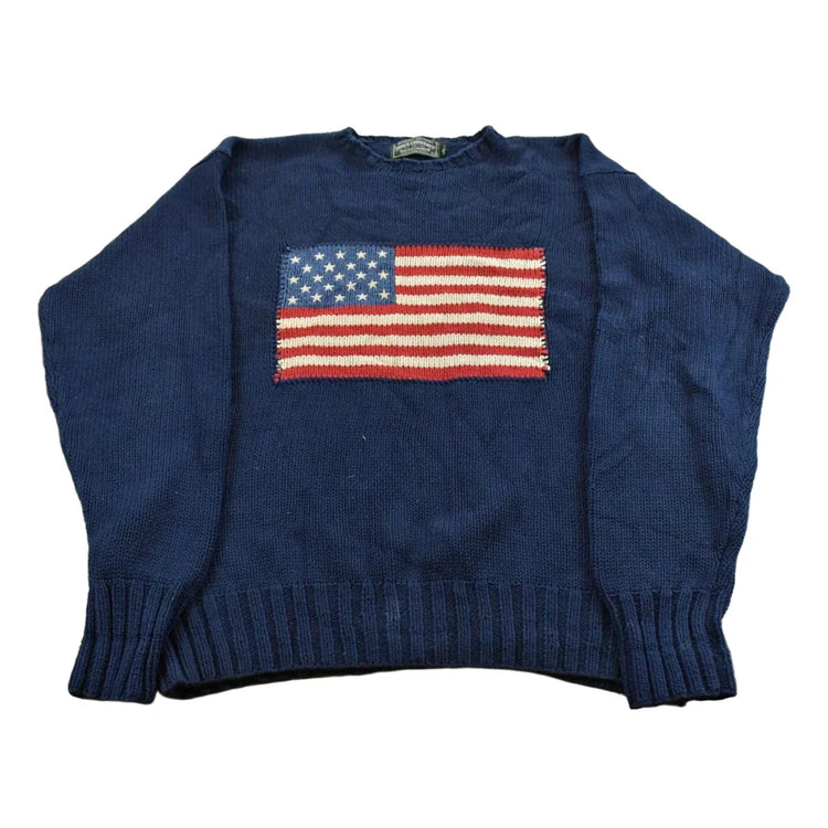 Vintage 1990s Polo Country Ralph Lauren USA Flag Knit Sweater Men's Large from propervintagecanada