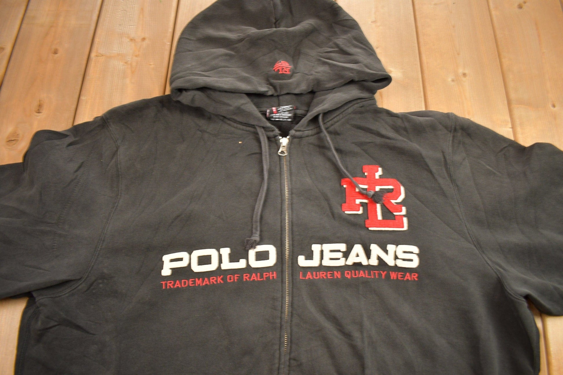 Vintage 1990s Polo Jeans Ralph Lauren Embroidered Full Zip Hoodie Men's 2XL from propervintagecanada