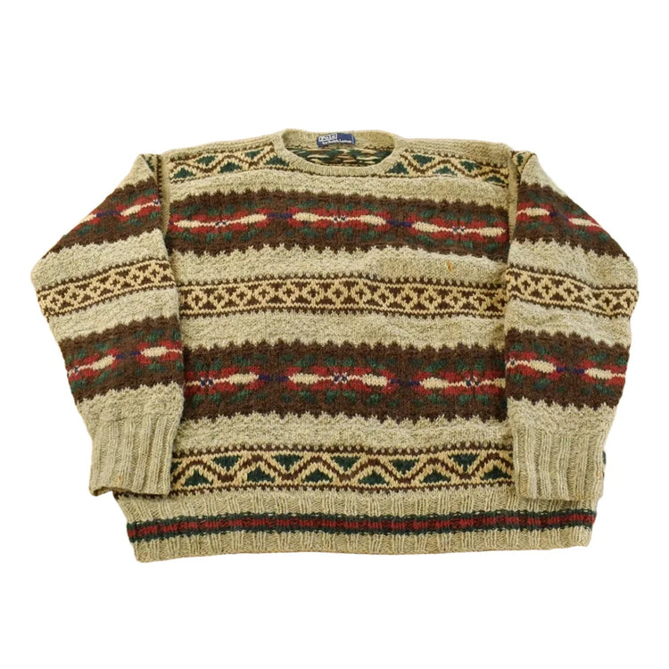 Vintage 1990s Polo Ralph Lauren Aztec Nordic Wool Hand Knit Sweater Men's L from propervintagecanada
