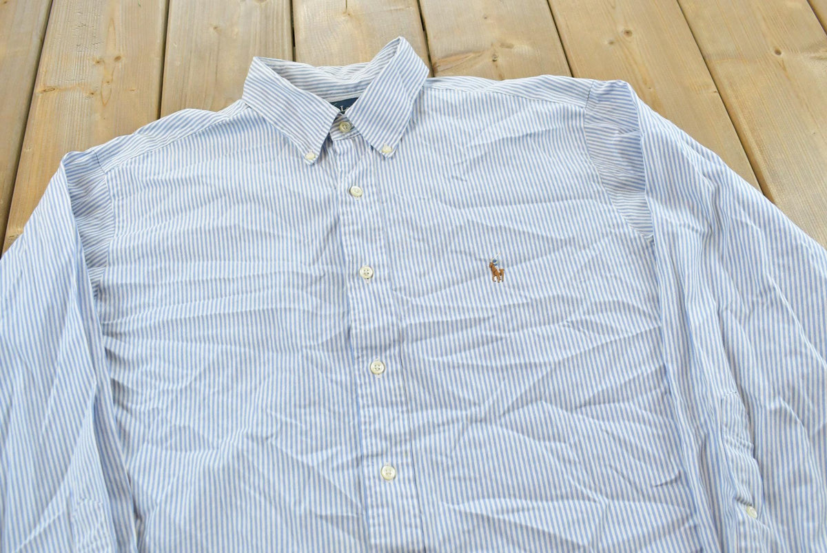 Vintage 1990s Polo Ralph Lauren Blue Striped Button Up Dress Shirt Mens 2XL from propervintagecanada