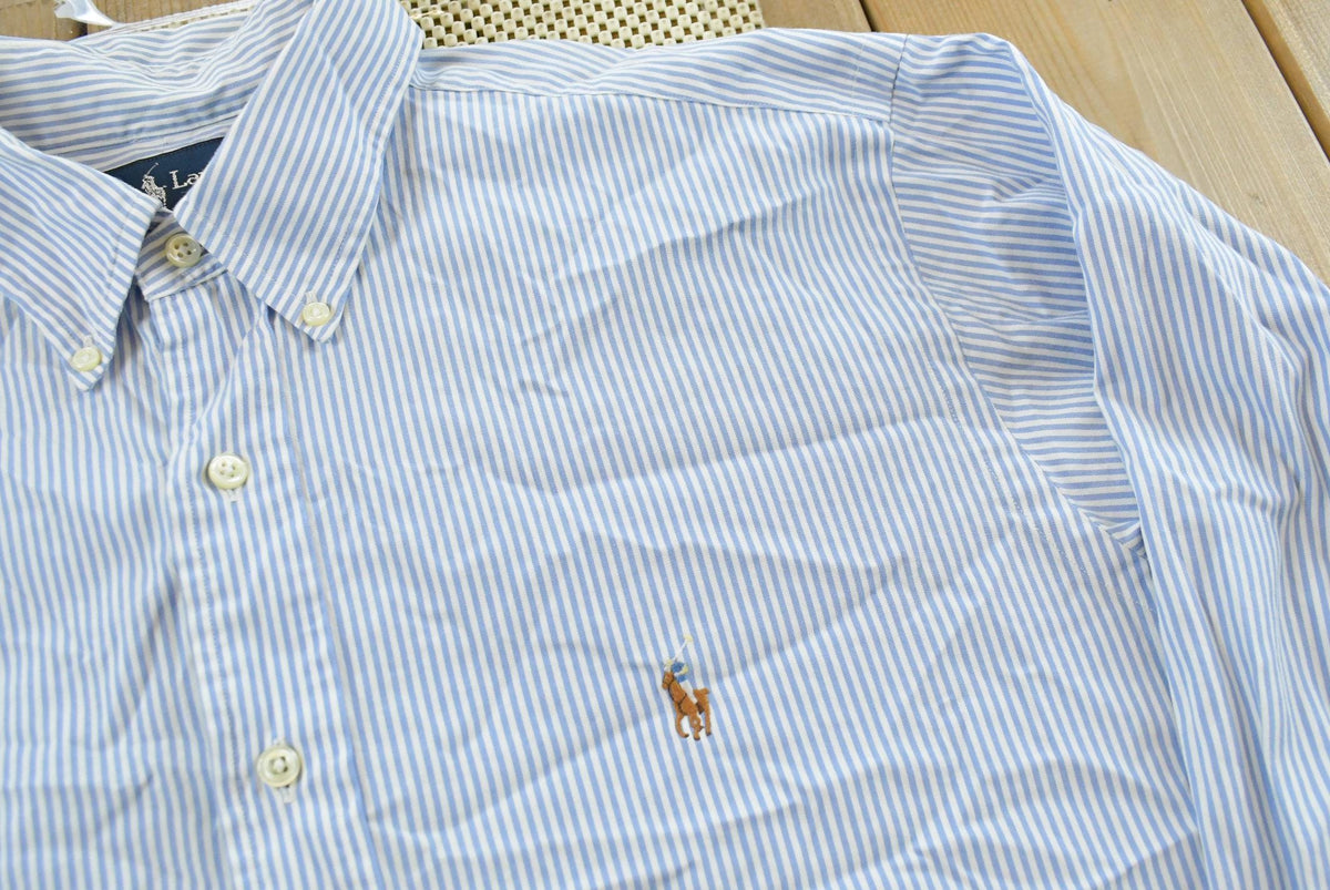 Vintage 1990s Polo Ralph Lauren Blue Striped Button Up Dress Shirt Mens 2XL from propervintagecanada