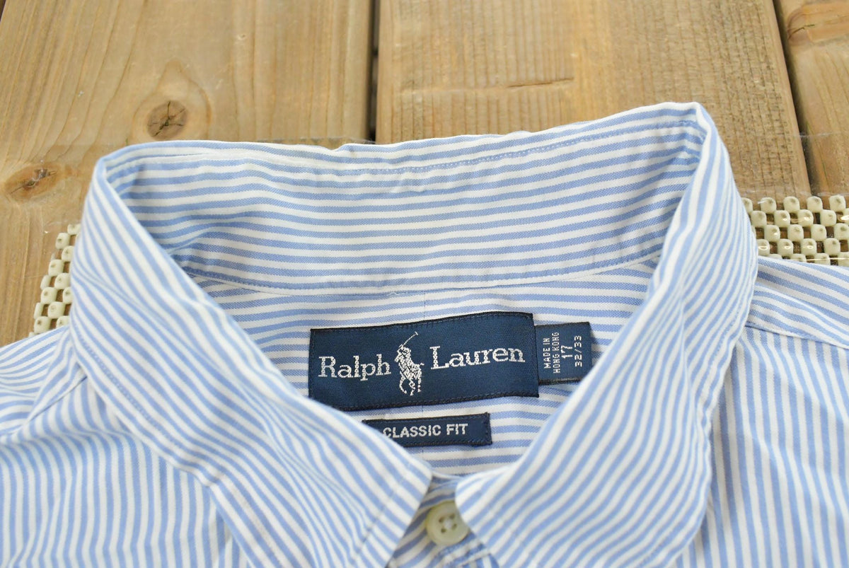 Vintage 1990s Polo Ralph Lauren Blue Striped Button Up Dress Shirt Mens 2XL from propervintagecanada