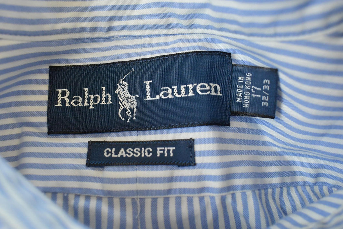 Vintage 1990s Polo Ralph Lauren Blue Striped Button Up Dress Shirt Mens 2XL from propervintagecanada