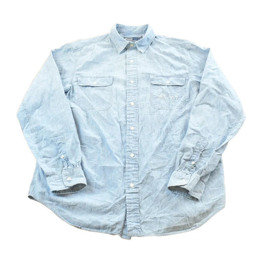 Vintage 1990s Polo Ralph Lauren Chambray RL Quality Goods American Flag Embroidered Button Down Shirt Men's L from propervintagecanada