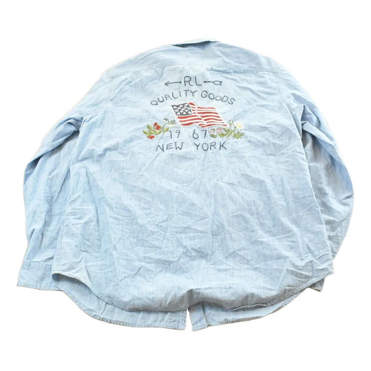 Vintage 1990s Polo Ralph Lauren Chambray RL Quality Goods American Flag Embroidered Button Down Shirt Men's L from propervintagecanada