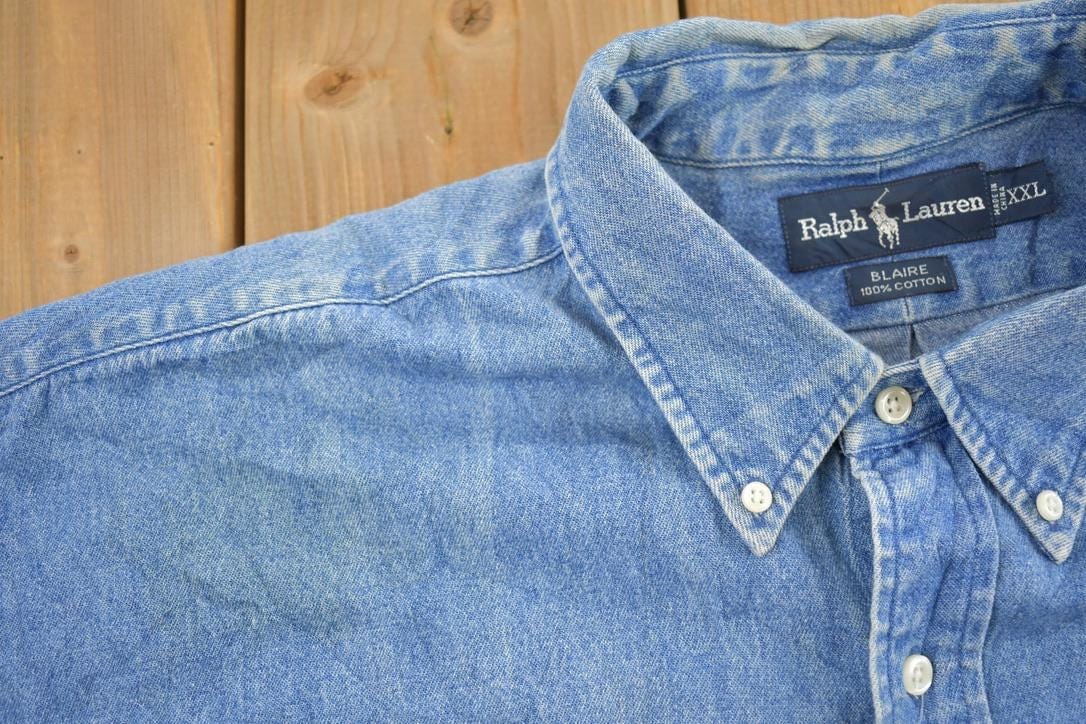 Vintage 1990s Polo Ralph Lauren Small Pony Denim Button Up Shirt Men's 2XL from propervintagecanada