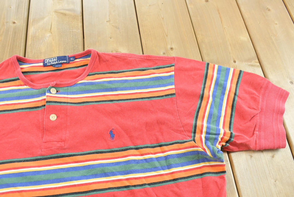 Vintage 1990s Polo Ralph Lauren Striped Henley Collar T-Shirt Men's 2XL from propervintagecanada