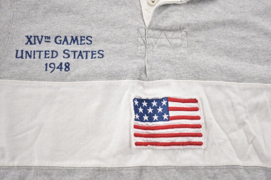 Vintage 1990s Polo Ralph Lauren USA Flag Embroidered Rugby Sweatshirt Men's Medium from propervintagecanada