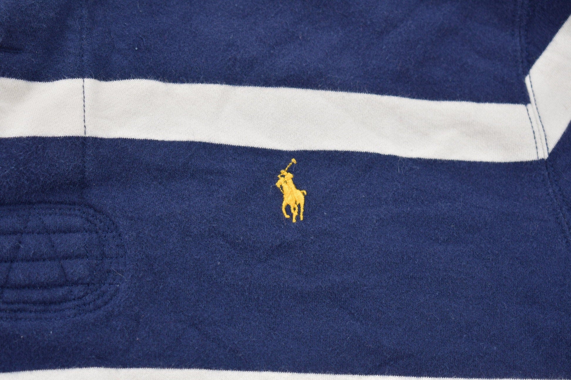 Vintage 1990s Polo Ralph Lauren Yellow Horse Stripped Embroidered Rugby Sweatshirt Men's 2XL from propervintagecanada