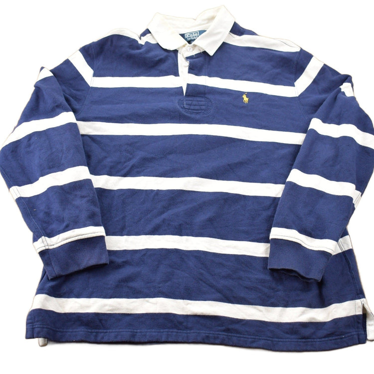 Vintage 1990s Polo Ralph Lauren Yellow Horse Stripped Embroidered Rugby Sweatshirt Men's 2XL from propervintagecanada