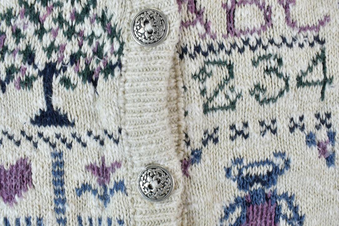 Vintage 1990s Premier Knitwear School Theme Button Up Cable Knit Sweater Men's Large from propervintagecanada
