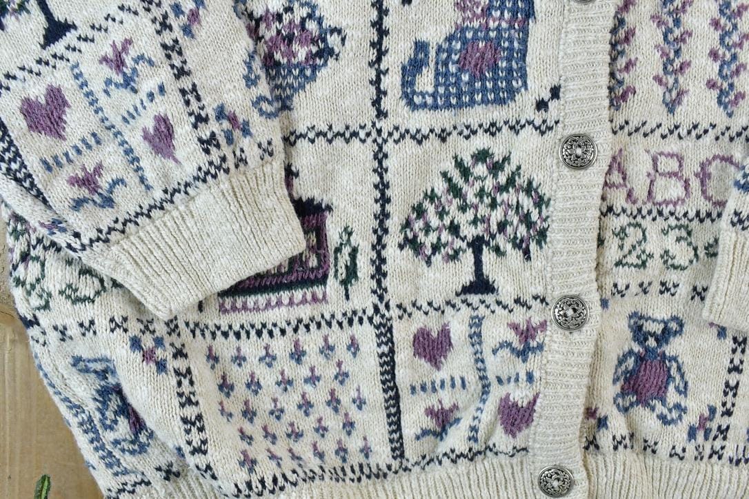 Vintage 1990s Premier Knitwear School Theme Button Up Cable Knit Sweater Men's Large from propervintagecanada