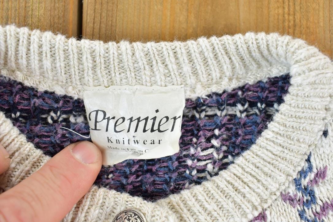 Vintage 1990s Premier Knitwear School Theme Button Up Cable Knit Sweater Men's Large from propervintagecanada