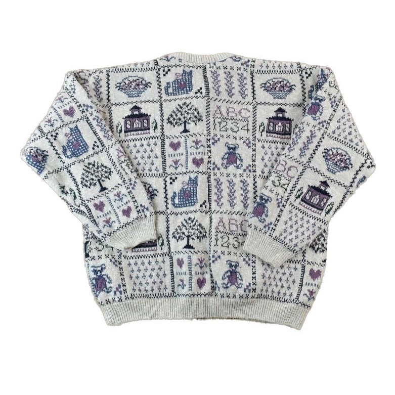 Vintage 1990s Premier Knitwear School Theme Button Up Cable Knit Sweater Men's Large from propervintagecanada