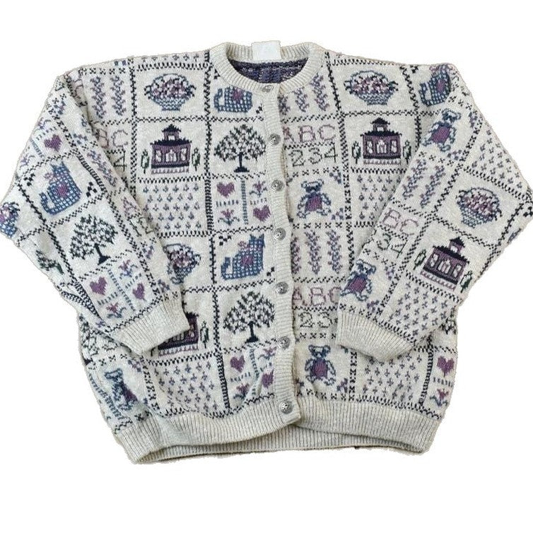 Vintage 1990s Premier Knitwear School Theme Button Up Cable Knit Sweater Men's Large from propervintagecanada