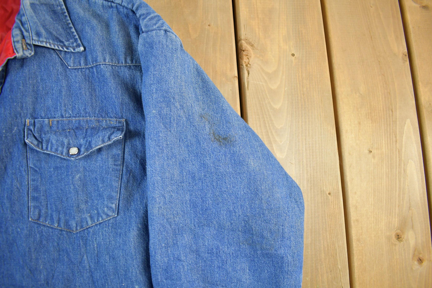 Vintage 1990s Prentis Lined Denim South Western Style Pearl Snap Button Up Men's XL from propervintagecanada