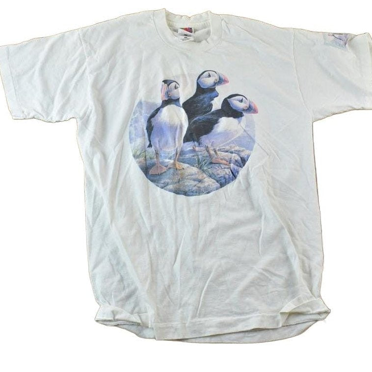 Vintage 1990s Puffins Bird Souvenir Single Stitch Graphic Print T-Shirt Men's Large from propervintagecanada