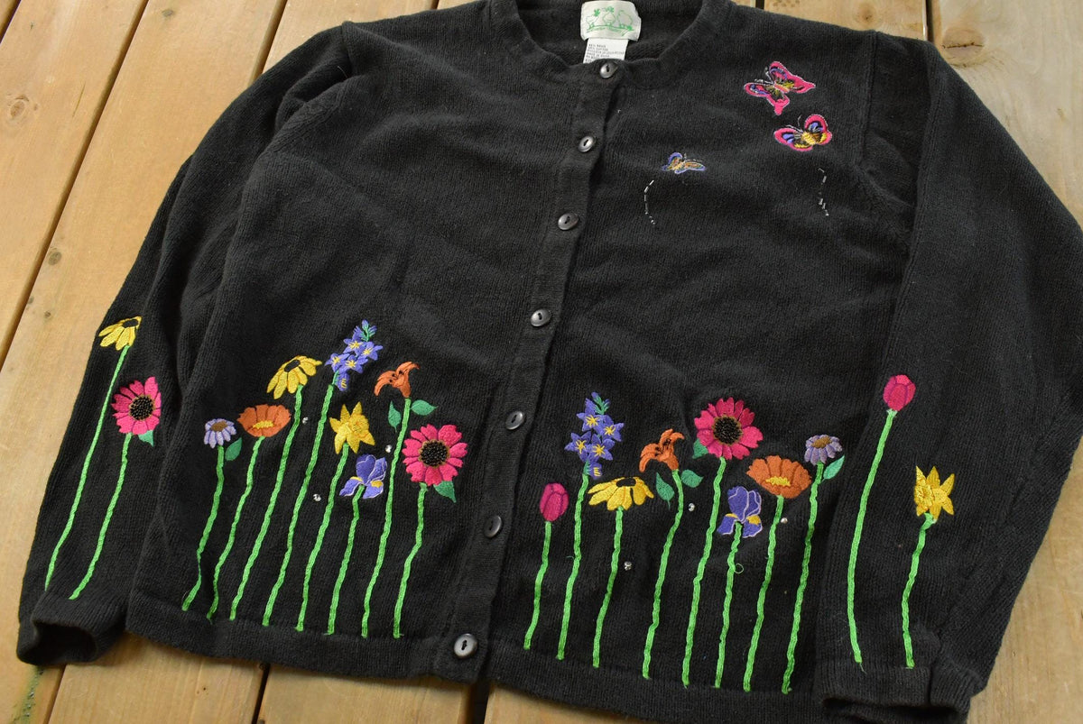 Vintage 1990s Quacker Factory Flowers Knit Cardigan Sweater Women's M from propervintagecanada