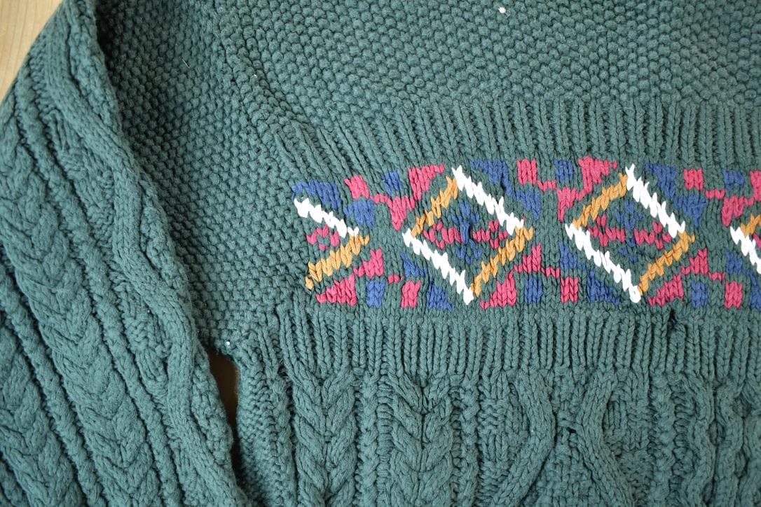 Vintage 1990s Quick Reflex Cable Knit Abstract Pattern Crewneck Sweater Men's Large from propervintagecanada