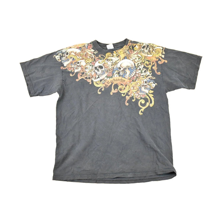 Vintage 1990s Rackarchy AOp Skulls Souvenir T-Shirt Men's L from propervintagecanada