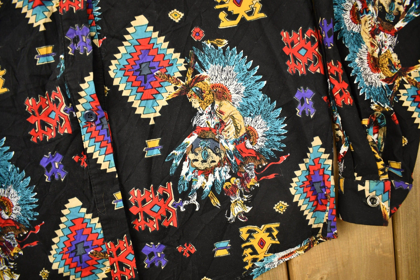 Vintage 1990s Rafter Native American All Over Print Western Style Button Up Shirt Men's Medium from propervintagecanada