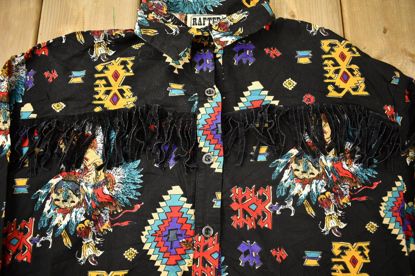 Vintage 1990s Rafter Native American All Over Print Western Style Button Up Shirt Men's Medium from propervintagecanada