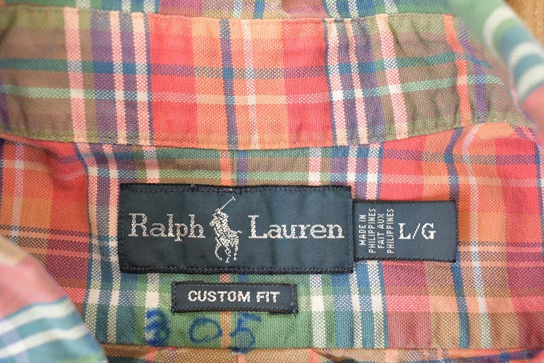 Vintage 1990s Ralph Lauren Plaid Button Up Shirt Men's L / Funky Crazy Pattern / Preppy Style / Boxy Fit from propervintagecanada