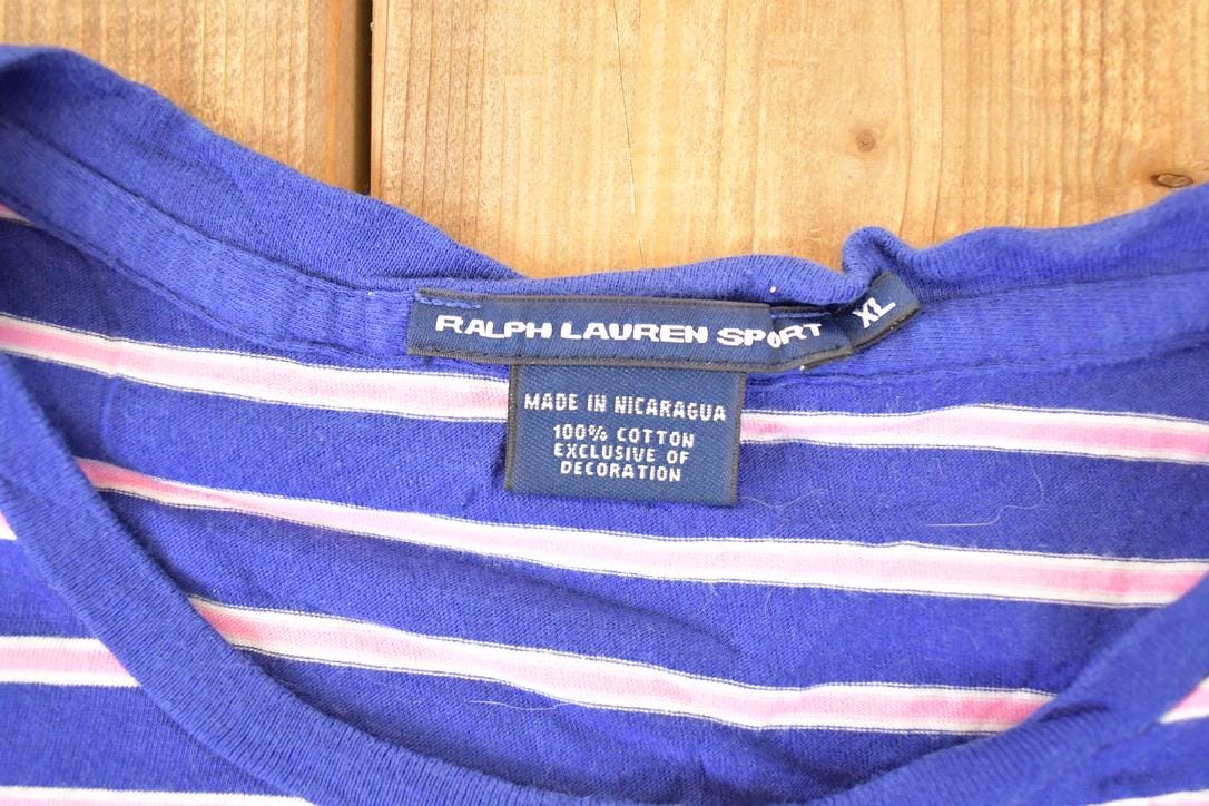 Vintage 1990s Ralph Lauren Sport Pink Striped Yachting T-Shirt Women's M from propervintagecanada
